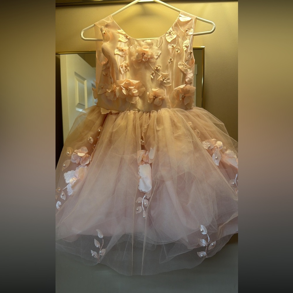 Girls Size 10 Blush Pink Floral Applique Tulle Party Dress w/ Satin Bow